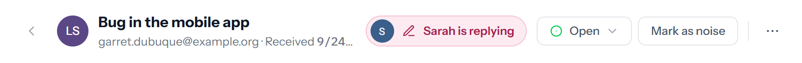 The top of a ticket with a pink badge reading "Sarah is replying" next to the subject